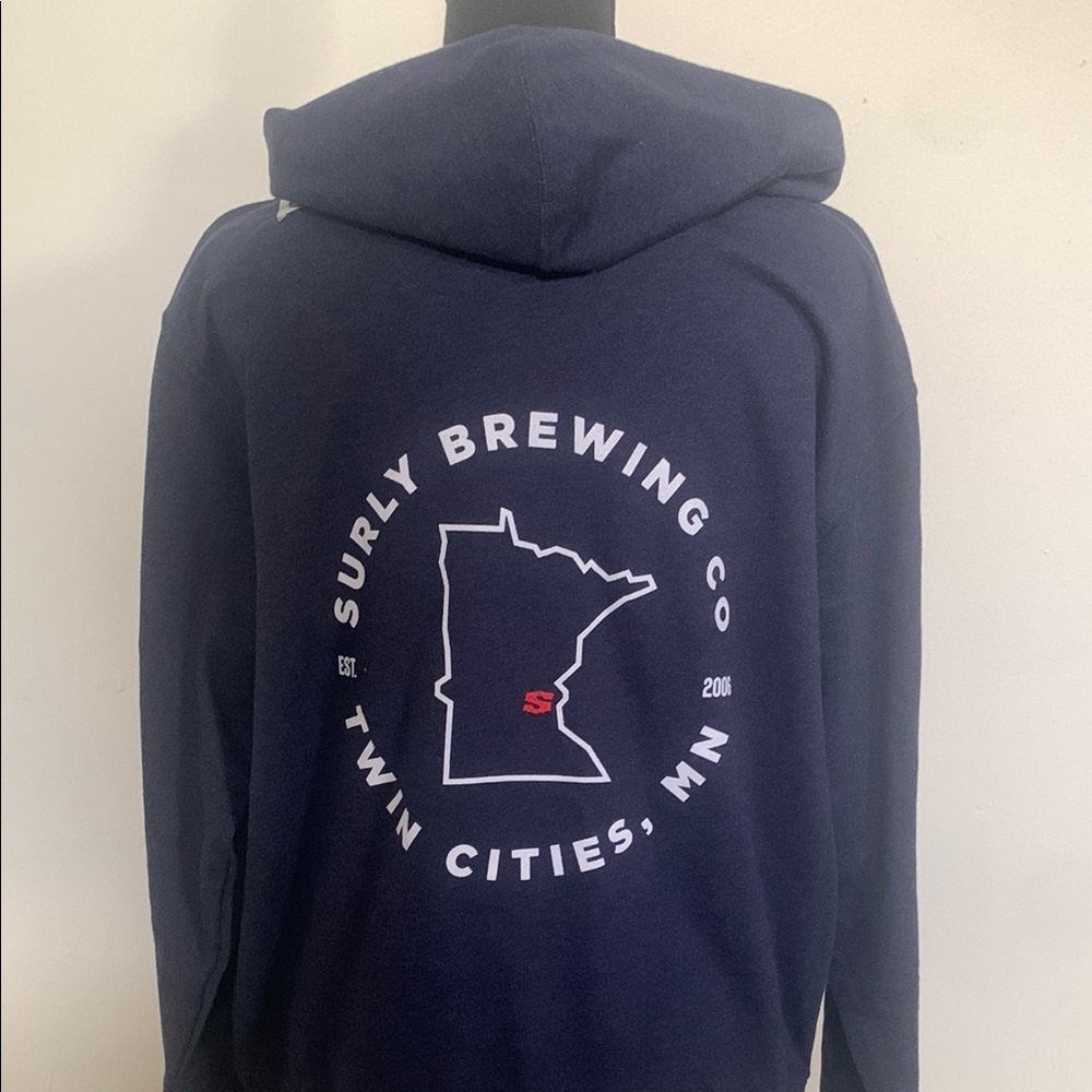 NWT Surly Brewing Co. Blue and Cream Zip-Up Hoodie with Ribbed Cuffs